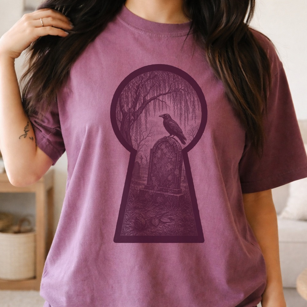 Crow Watching Over a Grave Through a Keyhole Tee